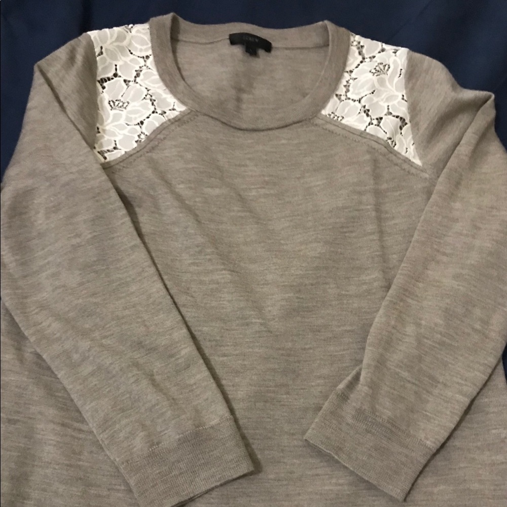 JCrew sweater with lace shoulder inserts.